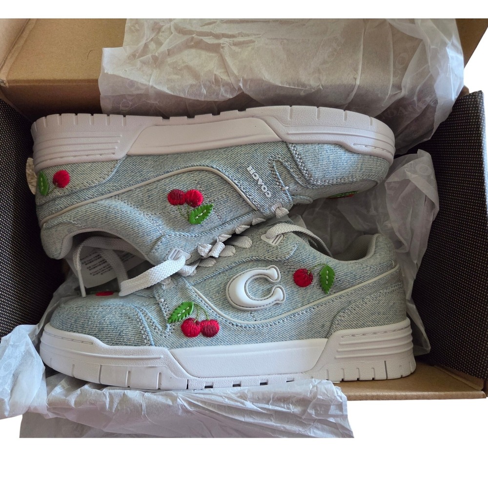 Coach Soho Sneakers Womens Size 8 Denim Blue New Cherry Embroidery CEG42 Low Top